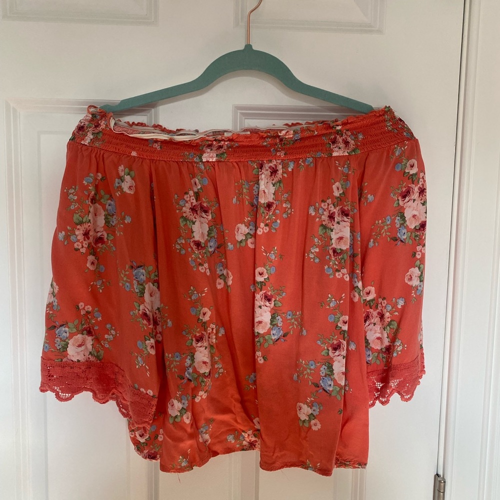 Orange floral off the shoulder cropped blouse